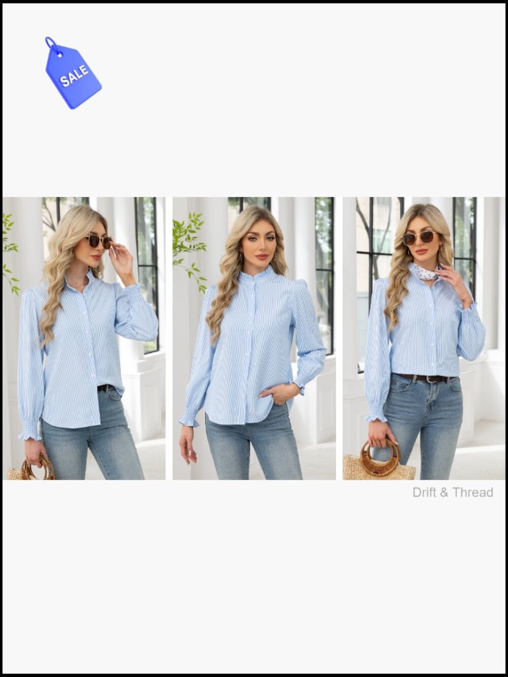 Women's Striped Button Down Shirt Long Sleeve Ruffle Collar Smocked Cuff Blouse - Picture 7 of 7